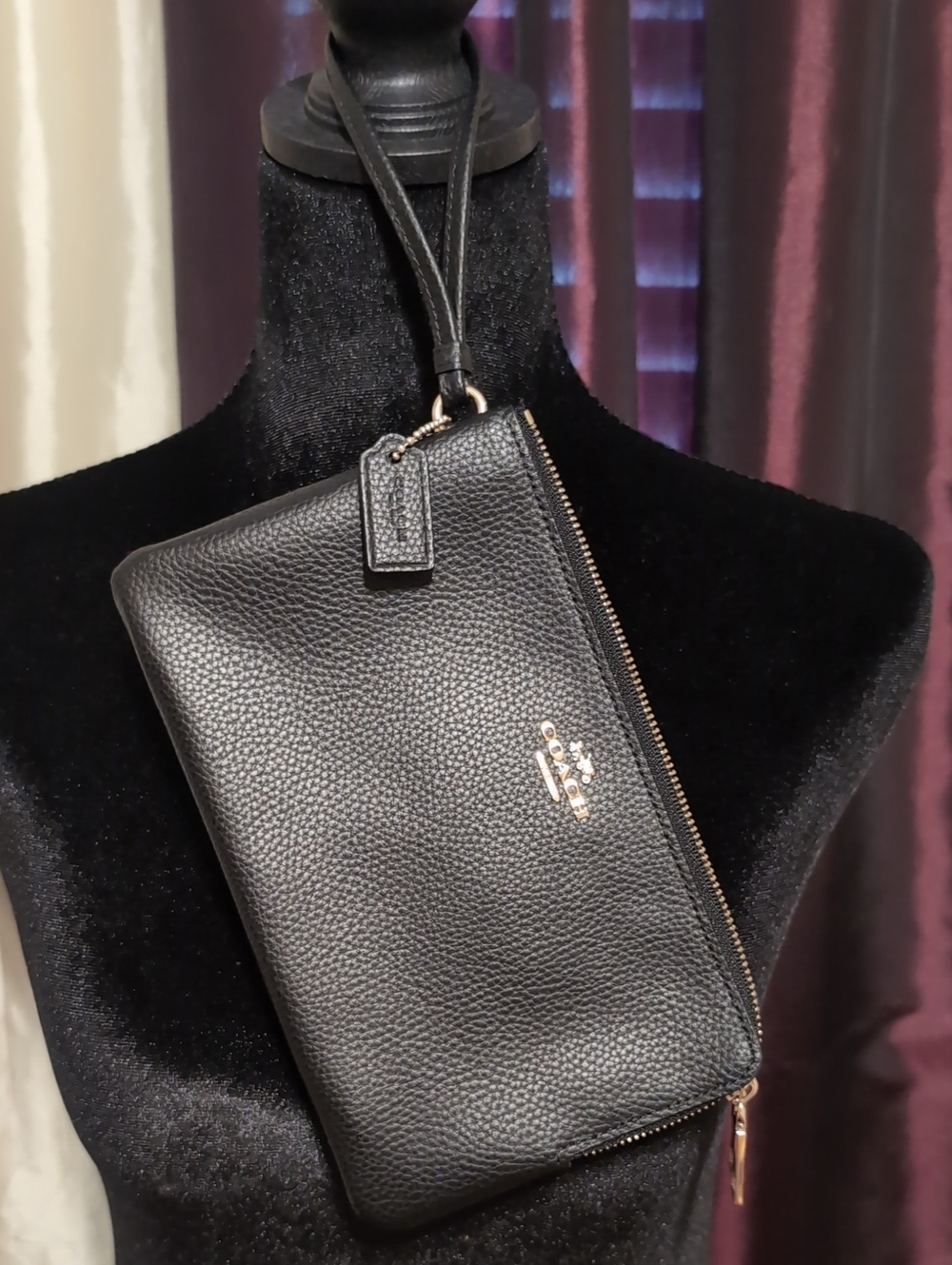 Coach Black Pebbled Leather Double Zip Wristlet with Gold Hardware 7" X 5"